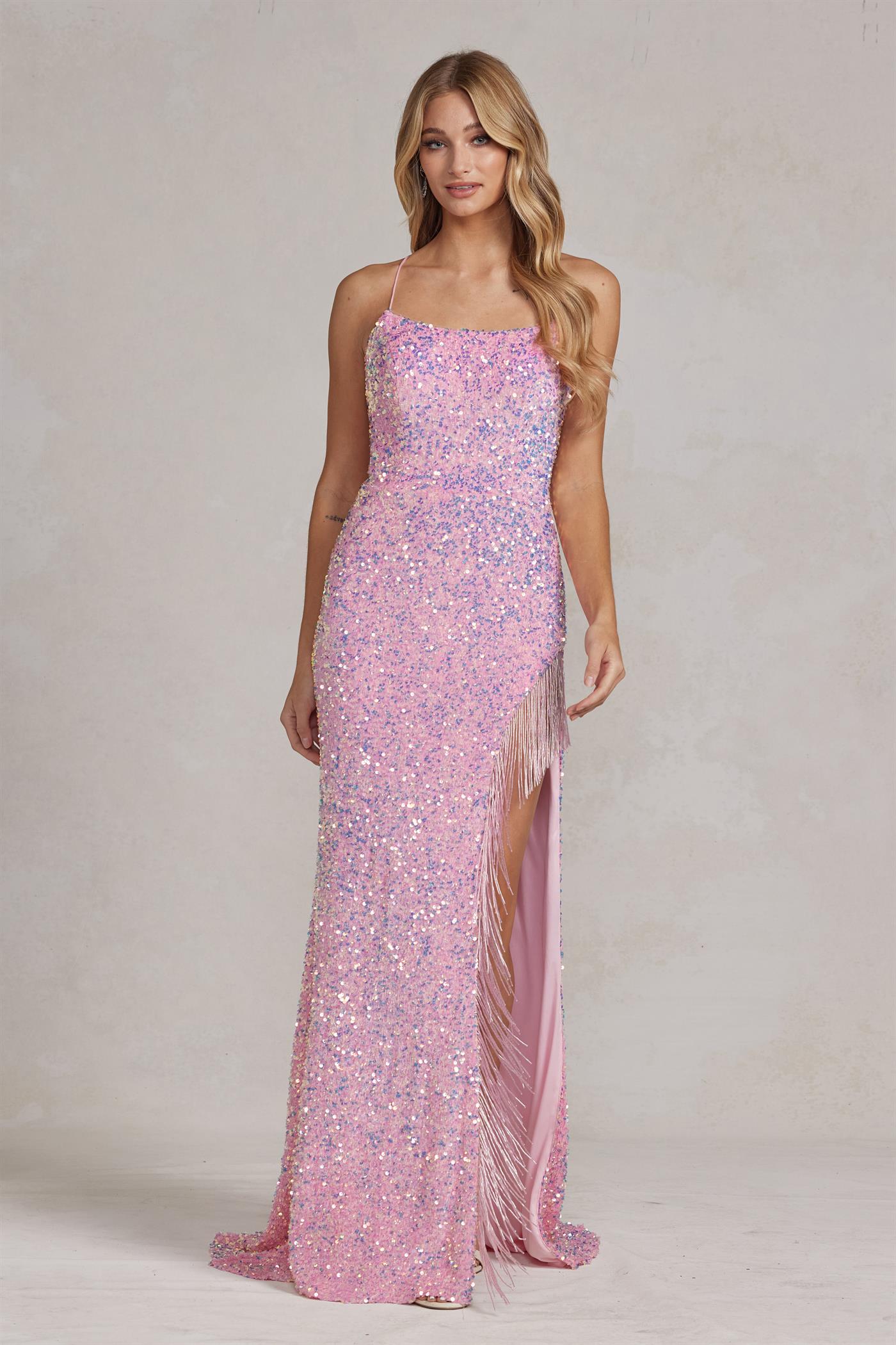 Dazzling Sequins Embellished Sheath Night Out Dress w/ Leg Tassels & Charming Open Back NXT1209-3