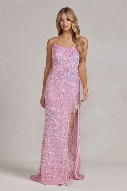 Dazzling Sequins Embellished Sheath Night Out Dress w/ Leg Tassels & Charming Open Back NXT1209-3