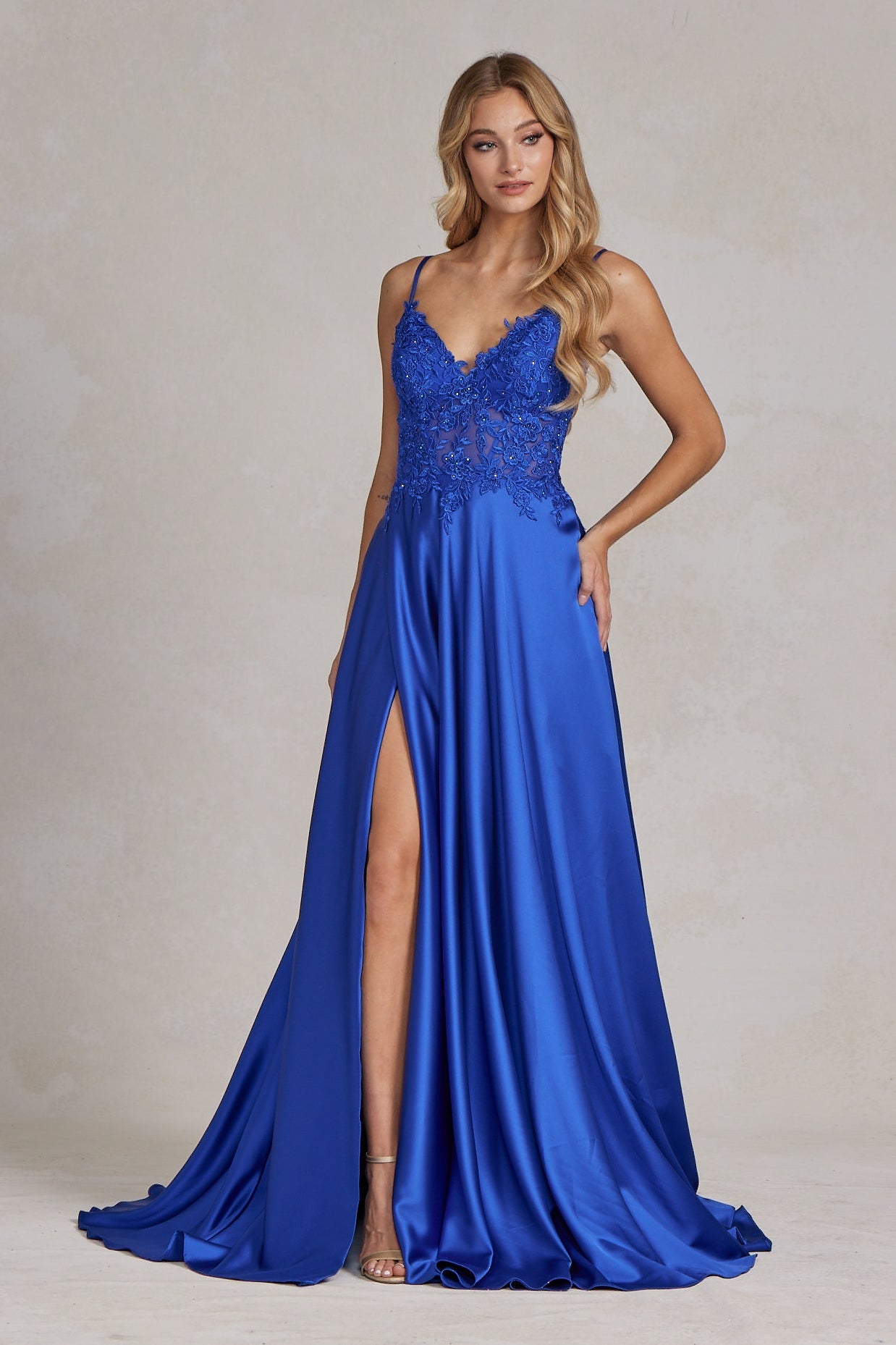 Delicate Lace Embellished A-Line Graduation Satin Gown w/ Side Pockets & Daring Leg Slit NXK1121-3