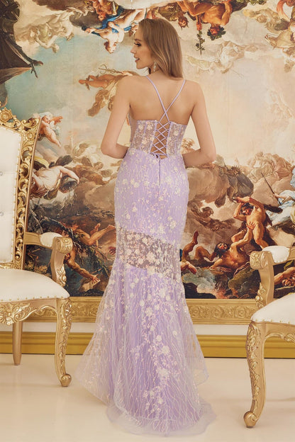 Beads Embellished Long Trumpet Graduation Gown w/ Floral Motif & Plunging Neck NXC1195-3