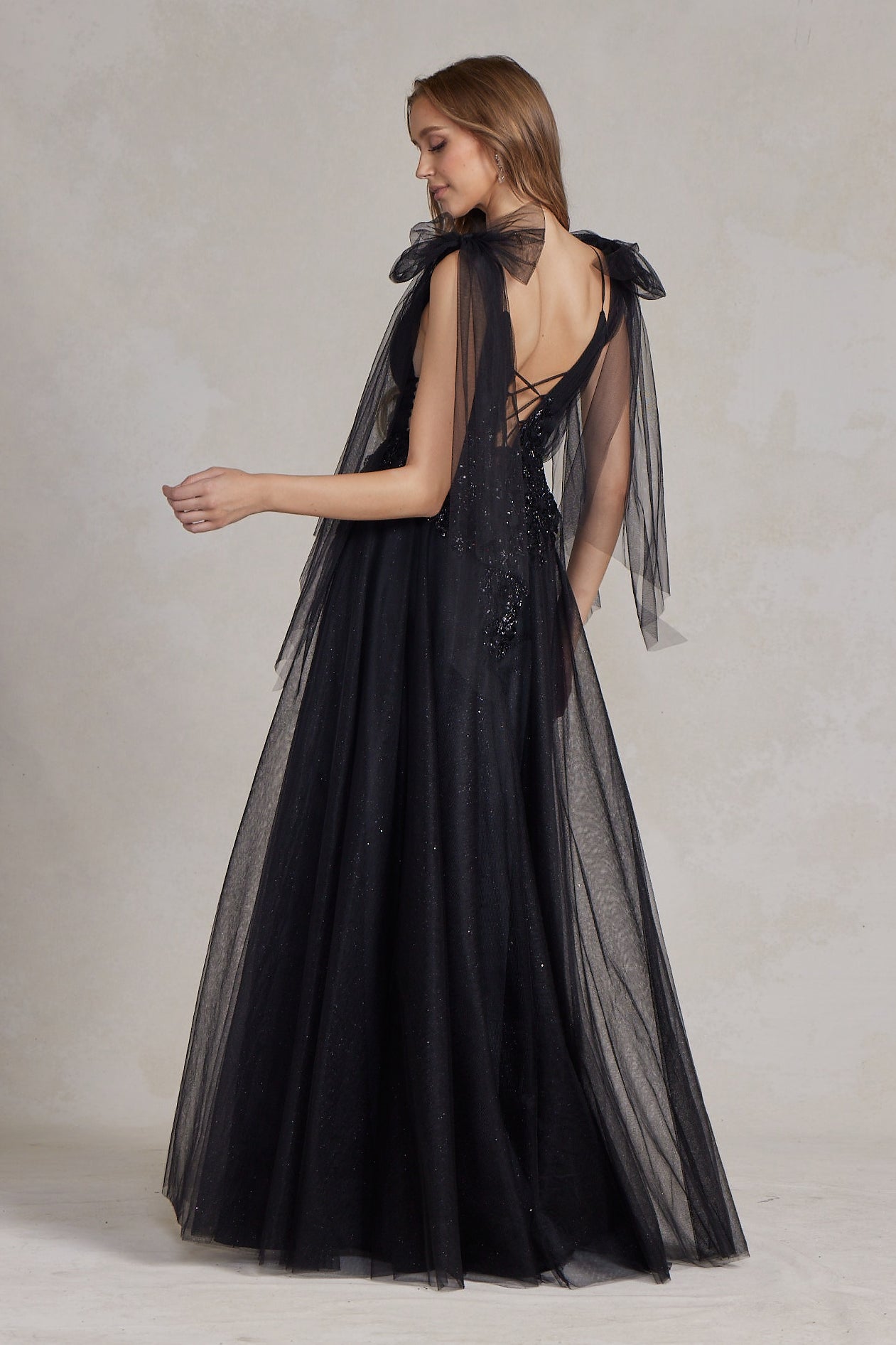 Sleeveless A-Line Lightweight Tulle Gown w/ Plunging Neckline & Off Shoulder Bow Drapes NXE1075-3