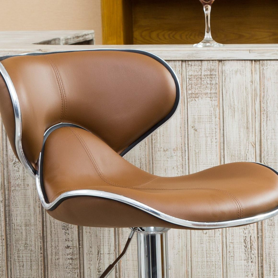 Masaccio Cushioned Leatherette Upholstery Airlift Adjustable Swivel Barstool with Chrome Base, Set of 2, Caramel-4