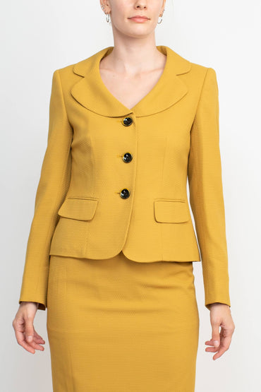 Le Suit Notched Collar 3 Button Flap Pocket Square Texture Jacket with Zipper Back Skimmer Skirt (Two Piece)