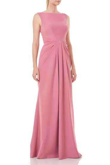 Kay Unger Boat Neck Sleeveless Pleated Front Zipper Back Solid Stretch Crepe Gown