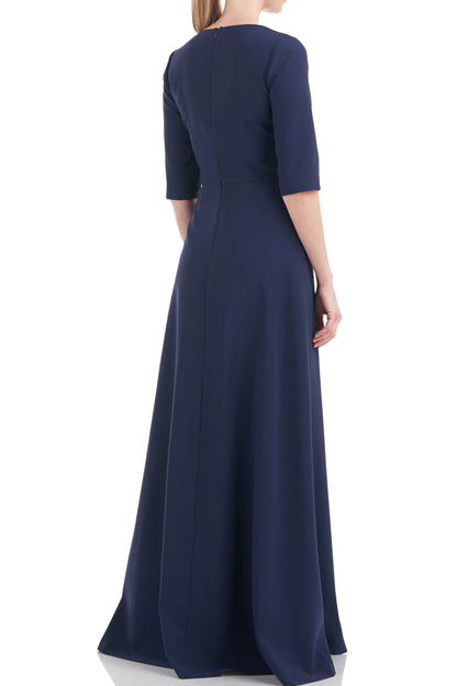 Kay Unger V-Neck 3/4 Sleeve Solid Zipper Back Full-length skirt with walk-through front cutout Crepe Jumpsuit-3