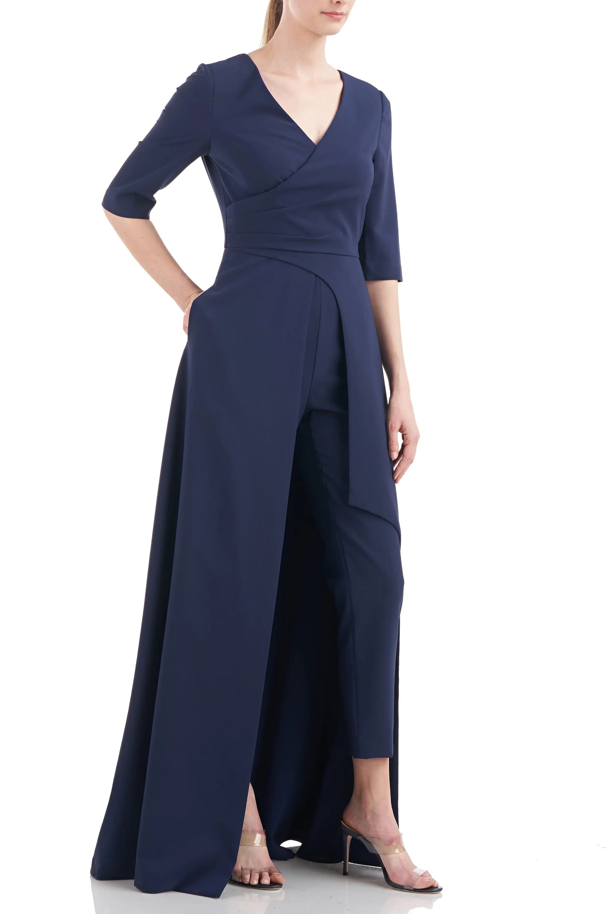 Kay Unger V-Neck 3/4 Sleeve Solid Zipper Back Full-length skirt with walk-through front cutout Crepe Jumpsuit-2