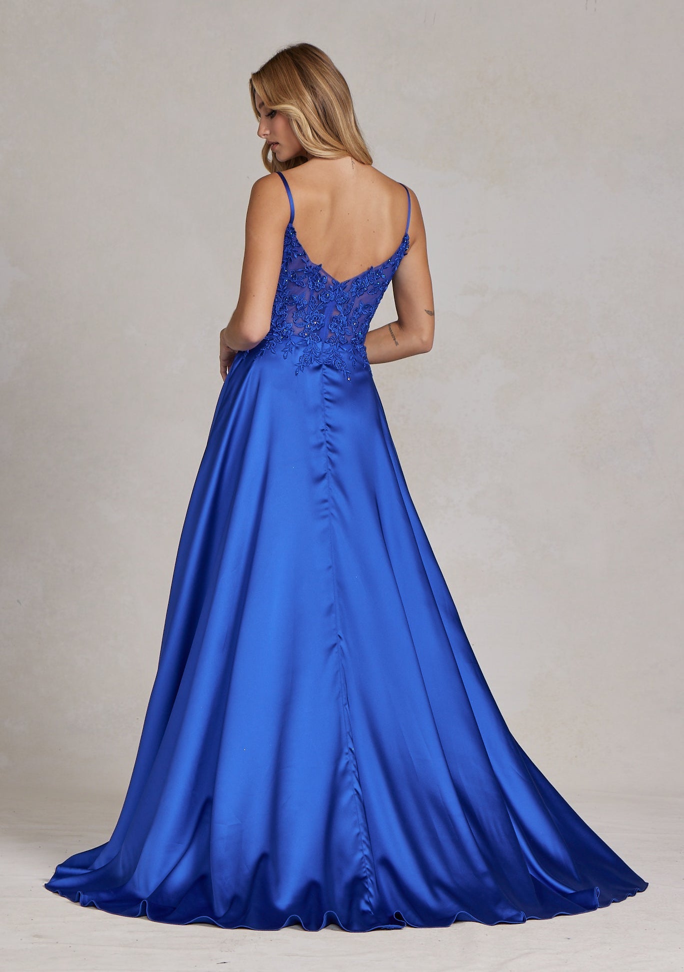Delicate Lace Embellished A-Line Graduation Satin Gown w/ Side Pockets & Daring Leg Slit NXK1121-4