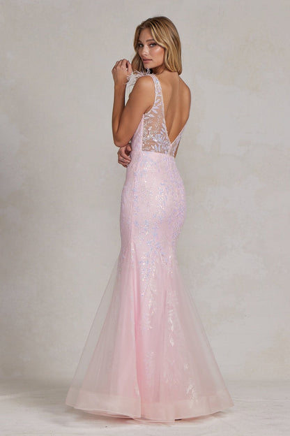 Delicate Feather Embellished Long Senior Party Dress w/ Sequins & Sweetheart Neckline NXT1208-4