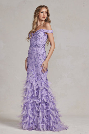 Off The Shoulder Feathers Embellished Long Red Carpet Gown w/ V-Back NXC1106-1