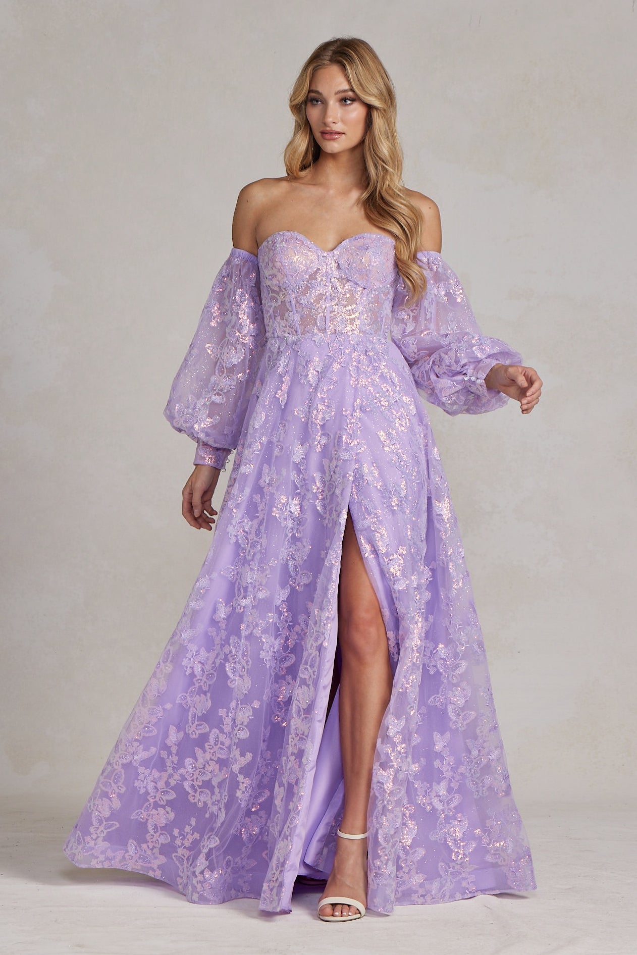 Off The Shoulder Stunning Gown w/ Sequins Embroidery & Long Puff Sleeves NXK1155-4