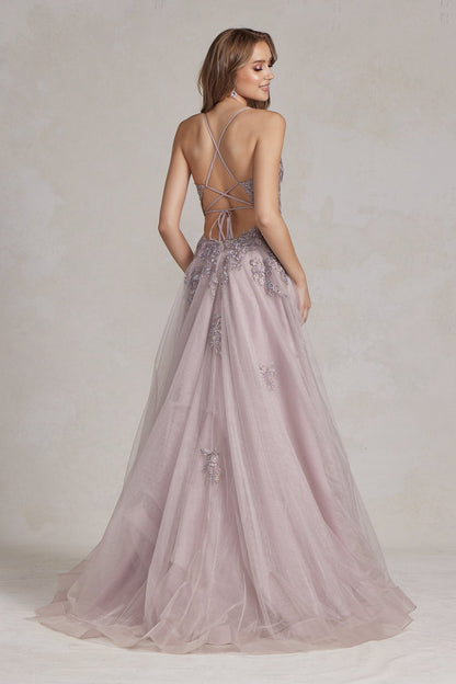 Romantic Floral Lace Embellished A-Line Graduation Dress w/ Charming Leg Slit NXG1149-4