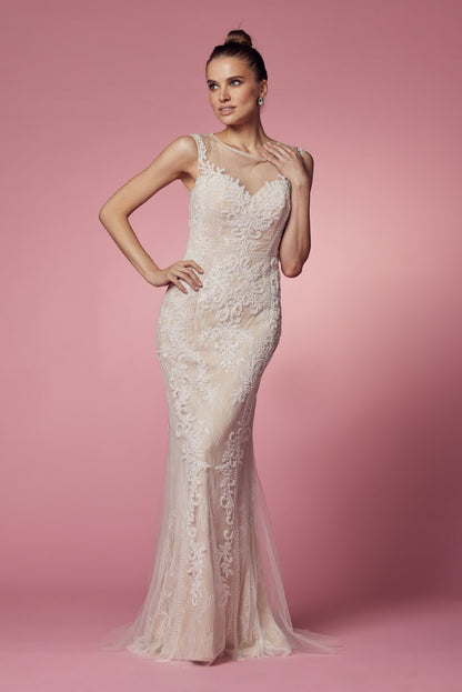 Floral Lace Embellished Long Sheath Gown w/ Delicate Beadwork NXE1006-4