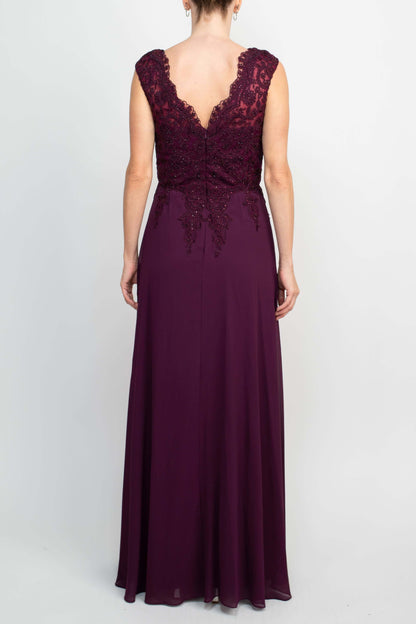 Cachet Embellished Scalloped Neck Cap Sleeve Zipper Back Flutter Embroidered Mesh Chiffon Dress with Scarf