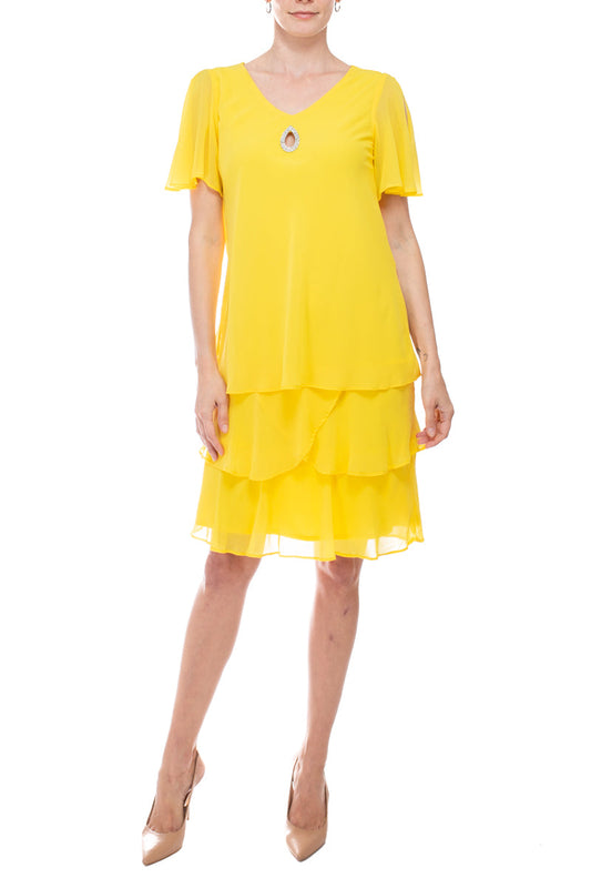 Marina crew neck embellished keyhole front short sleeve tiered solid chiffon dress-0