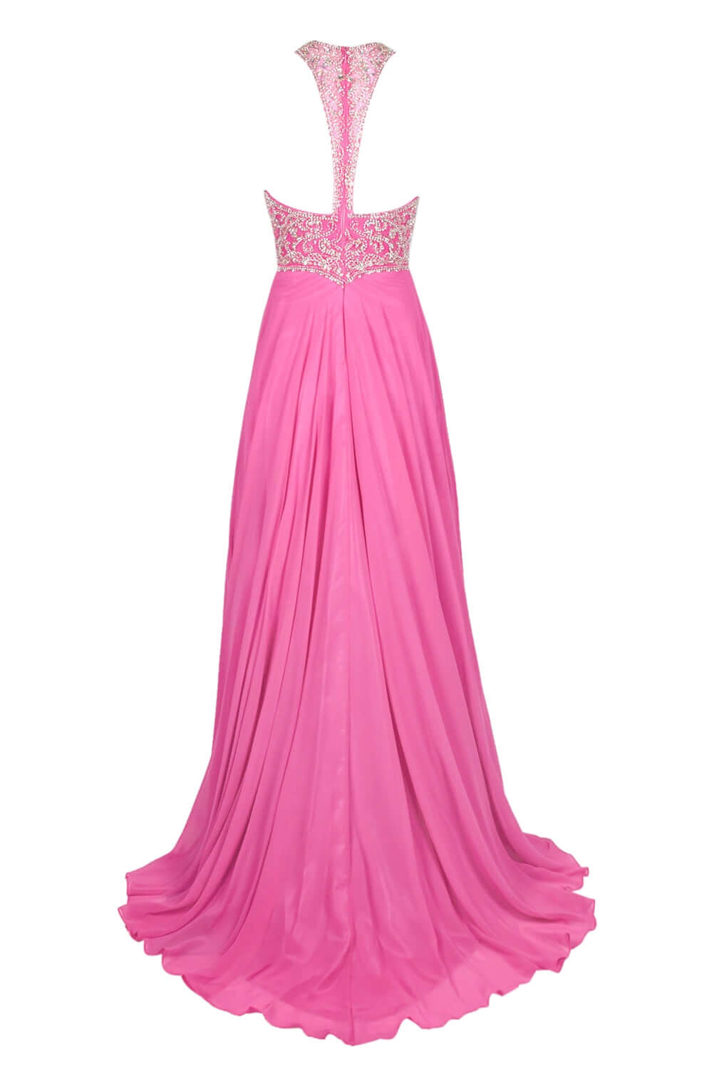 Dave & Johnny Halter Neck Cutout Back Embellished Bodice Ruched Mesh Chiffon Gown