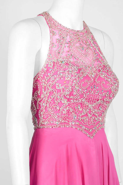 Dave & Johnny Halter Neck Cutout Back Embellished Bodice Ruched Mesh Chiffon Gown
