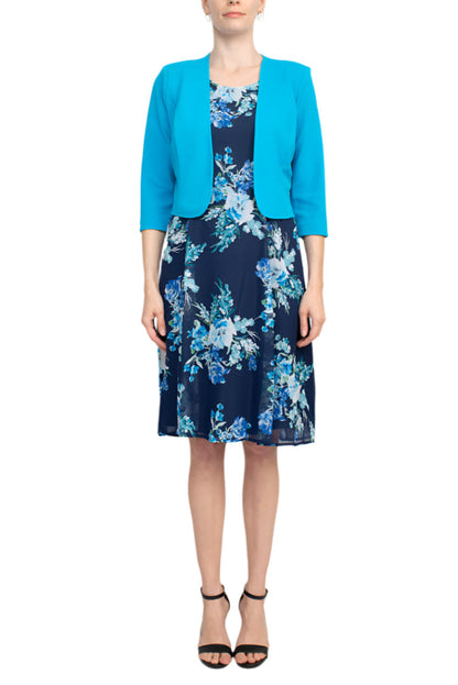 Studio One Scoop Neck Sleeveless A-Line Floral Print Chiffon Dress with 3/4 Sleeve Textured Bolero-0
