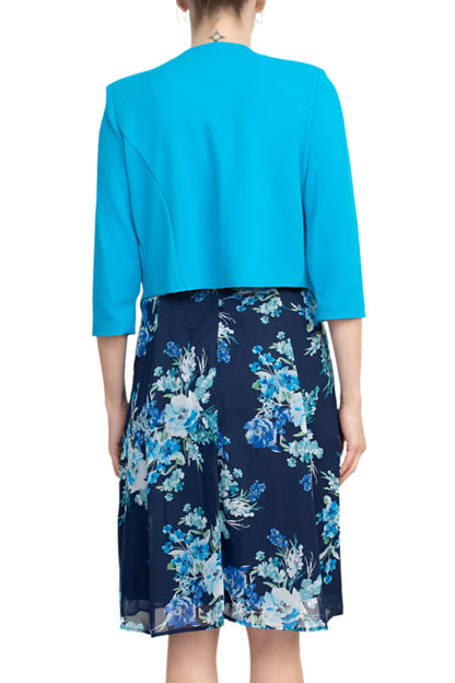 Studio One Scoop Neck Sleeveless A-Line Floral Print Chiffon Dress with 3/4 Sleeve Textured Bolero-3