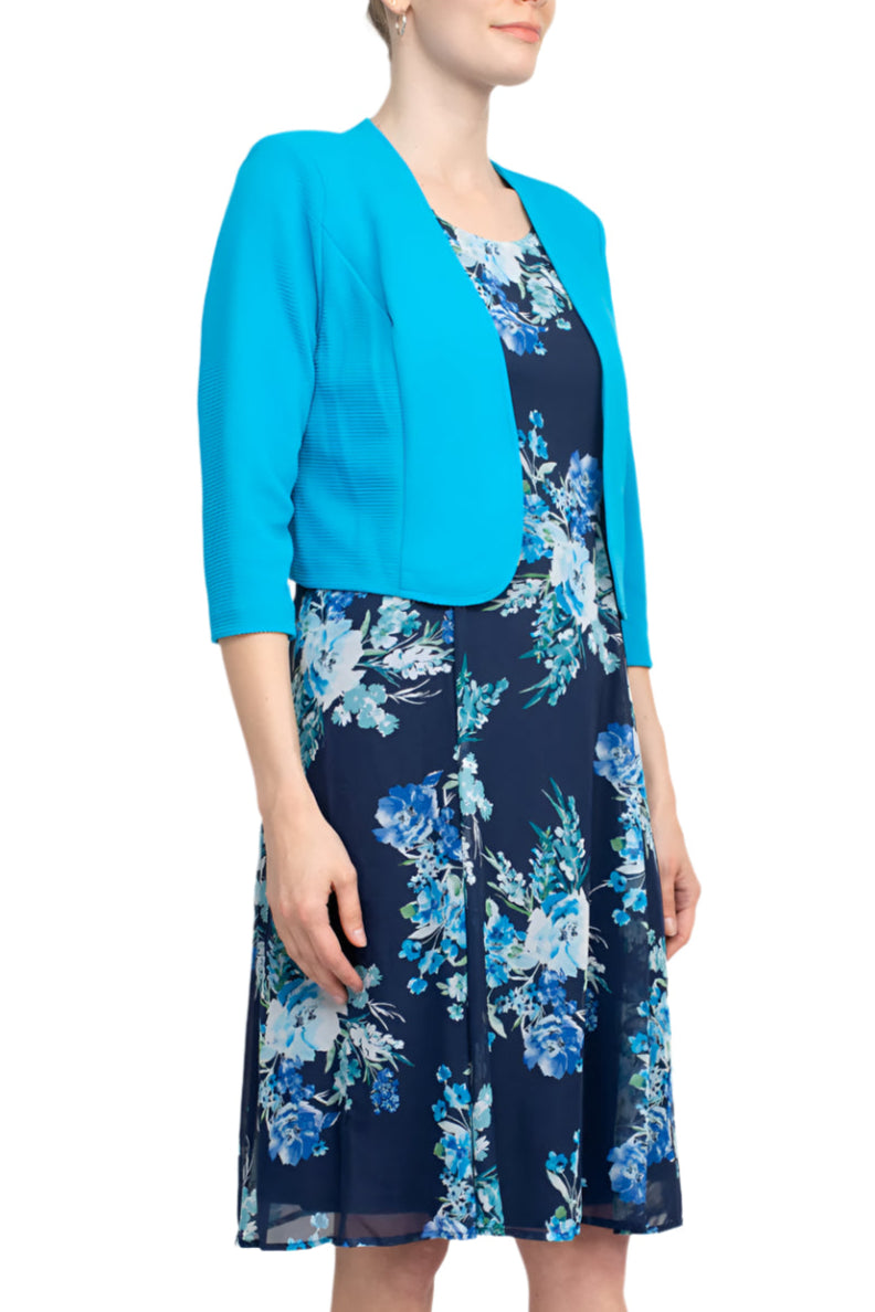 Studio One Scoop Neck Sleeveless A-Line Floral Print Chiffon Dress with 3/4 Sleeve Textured Bolero-2