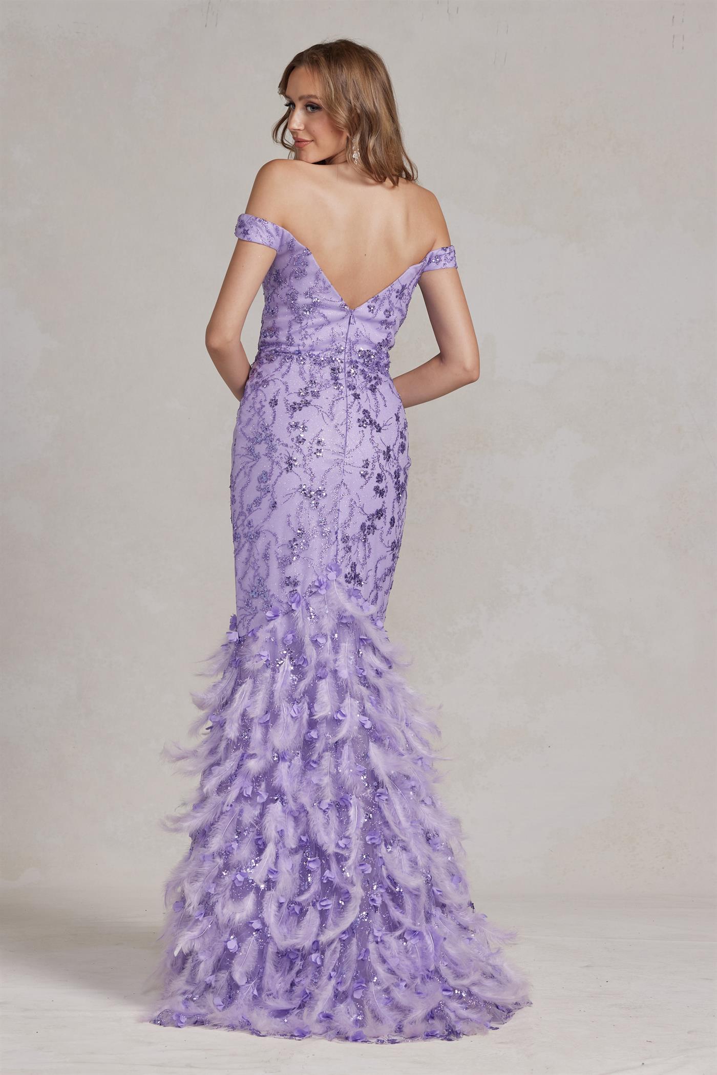 Off The Shoulder Feathers Embellished Long Red Carpet Gown w/ V-Back NXC1106-2