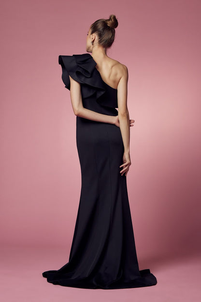 Sheath One Shoulder Festive Gown w/ Ruffled Overlay & Elegant Leg Slit NXE467-2