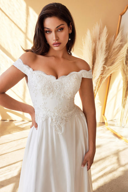 Ivory Off-Shoulder Lace Bodice Gown with Flowy Skirt | Romantic A-Line Bridal Dress  CD7258W-2