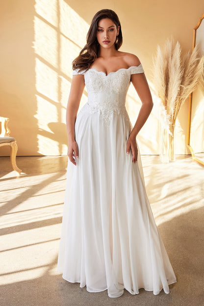 Ivory Off-Shoulder Lace Bodice Gown with Flowy Skirt | Romantic A-Line Bridal Dress  CD7258W-1
