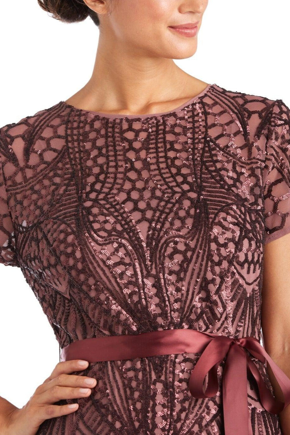 R&M Richards Round Neckline Short Sleeves Sating Waist Sash Mesh Godets Skirt Radiant Sequin Gown Dress-2