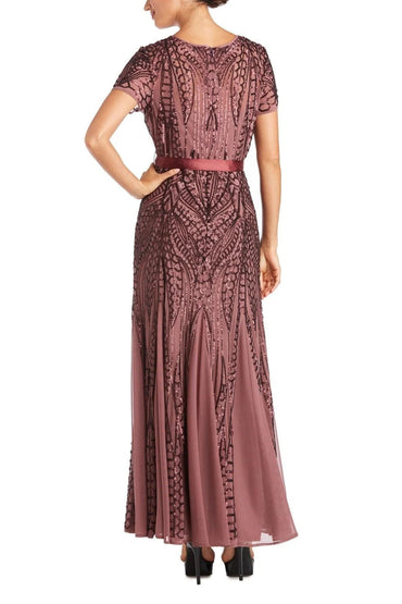R&M Richards Round Neckline Short Sleeves Sating Waist Sash Mesh Godets Skirt Radiant Sequin Gown Dress-1