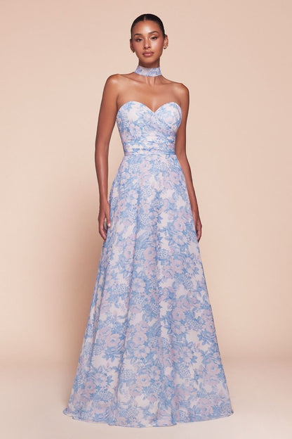 Romantic Pink Floral Strapless A-Line Gown with Sweetheart Neckline CD7443-0