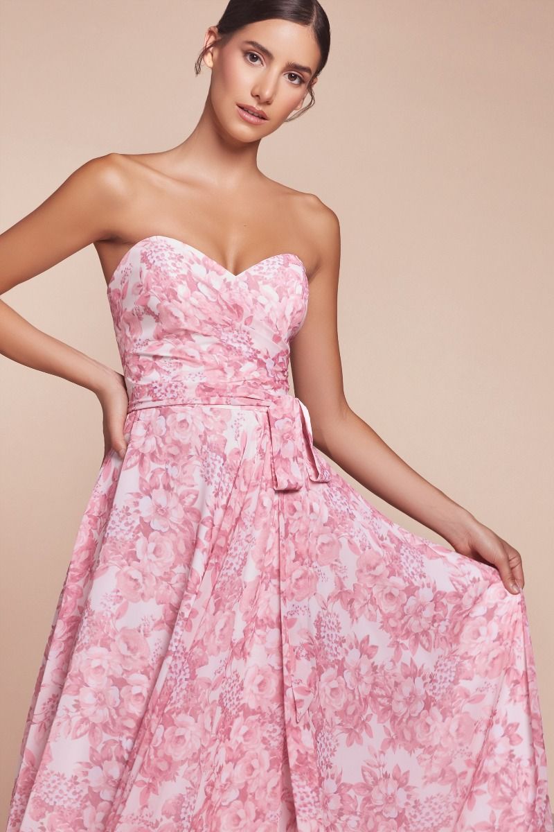 Romantic Pink Floral Strapless A-Line Gown with Sweetheart Neckline CD7443-3
