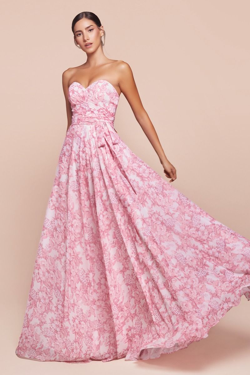 Romantic Pink Floral Strapless A-Line Gown with Sweetheart Neckline CD7443-2
