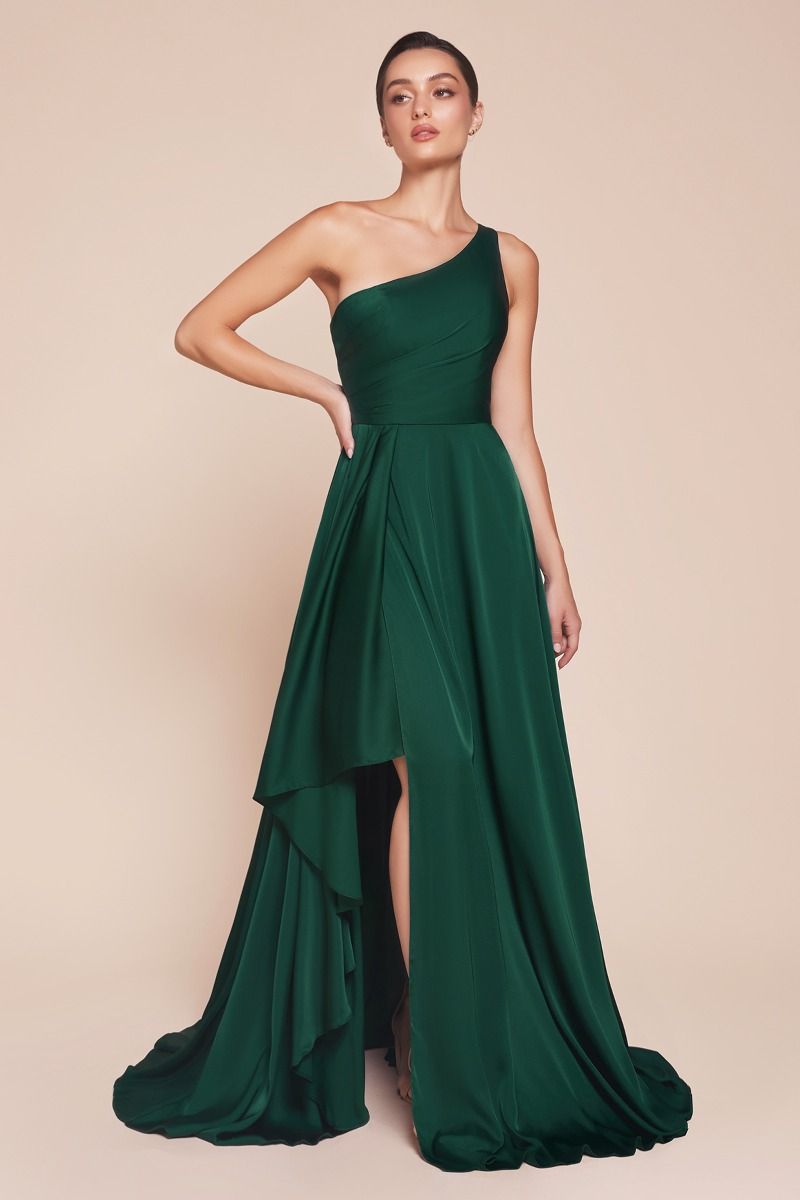Elegant One-Shoulder Slate Blue High-Low Formal Dress with Draped Skirt CD7450-6