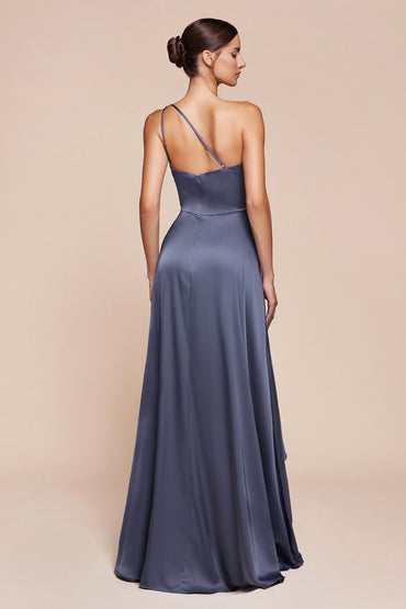 Elegant One-Shoulder Slate Blue High-Low Formal Dress with Draped Skirt CD7450-1