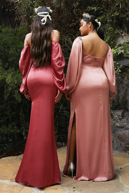 Long Sleeves OF or On Shoulder Soft Satin Long Prom & Bridesmaid Dress CD7482 Sale-4