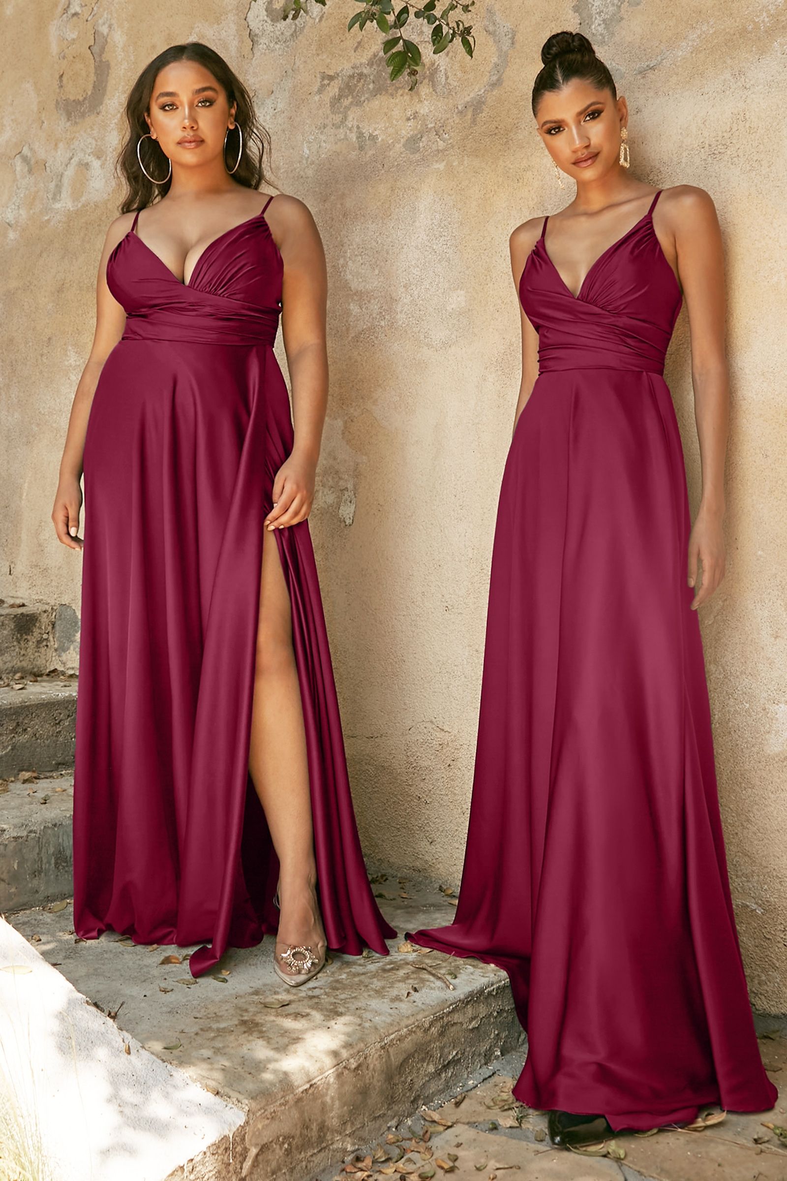 Satin A-line Deep V-Neckline Wrapped Bodice Open Back Long Prom & Bridesmaid Dress CD7485