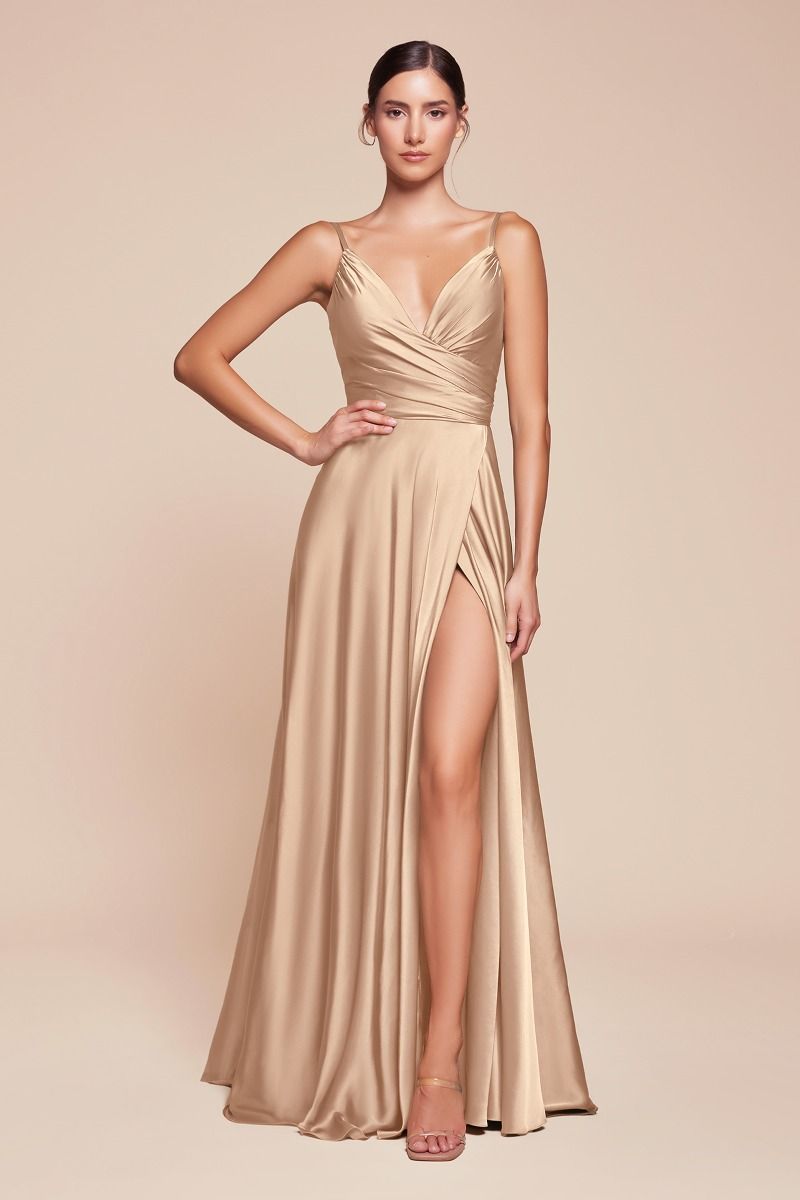 Soft Satin A-Line Bridesmaid Dress w/ Elegant Leg Slit & Spaghetti Straps CD7485-7