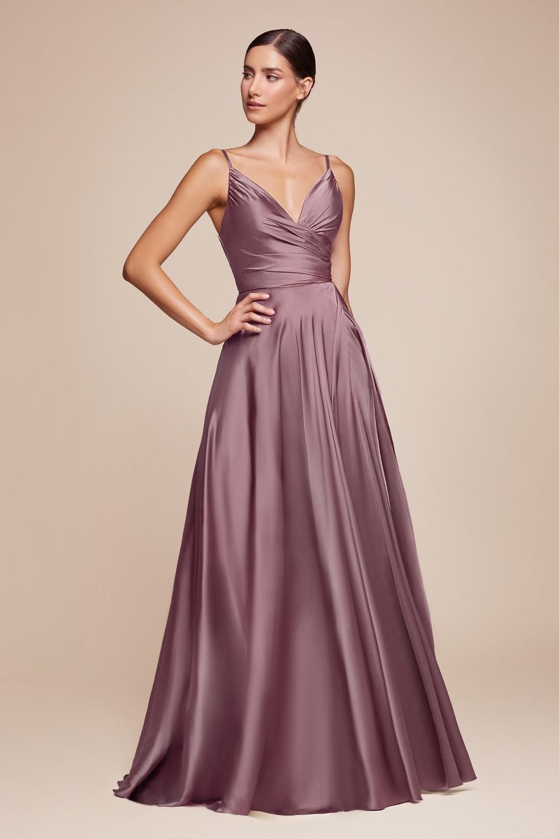 Soft Satin A-Line Bridesmaid Dress w/ Elegant Leg Slit & Spaghetti Straps CD7485-0
