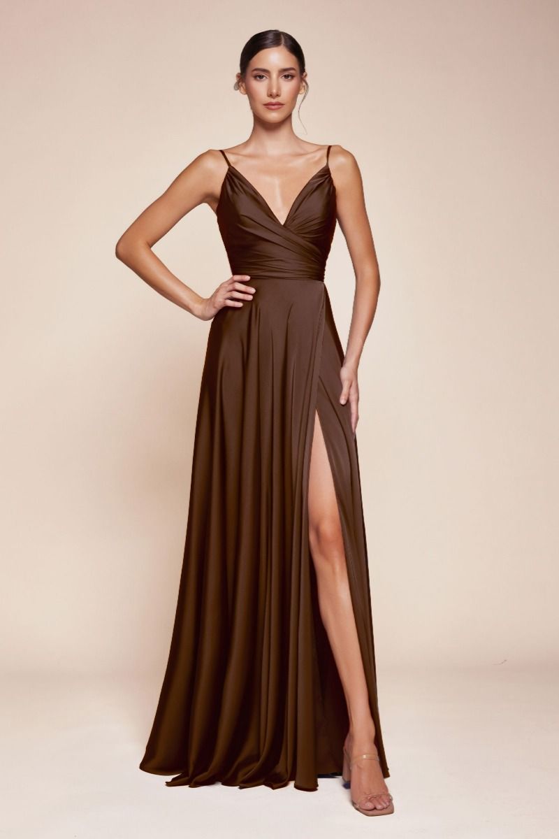 Soft Satin A-Line Bridesmaid Dress w/ Elegant Leg Slit & Spaghetti Straps CD7485-9