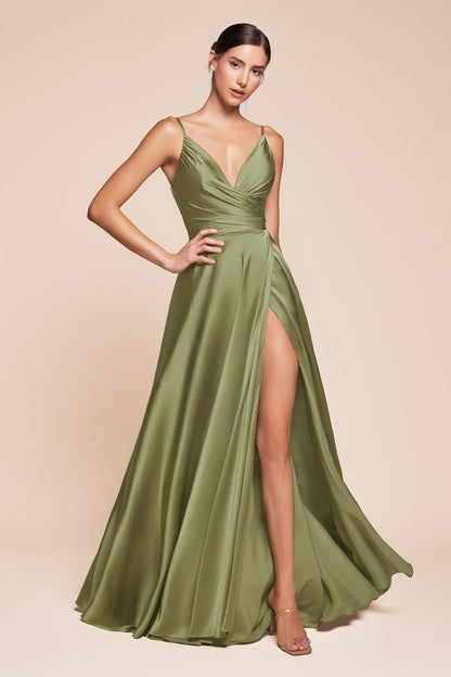 Soft Satin A-Line Bridesmaid Dress w/ Elegant Leg Slit & Spaghetti Straps CD7485-3