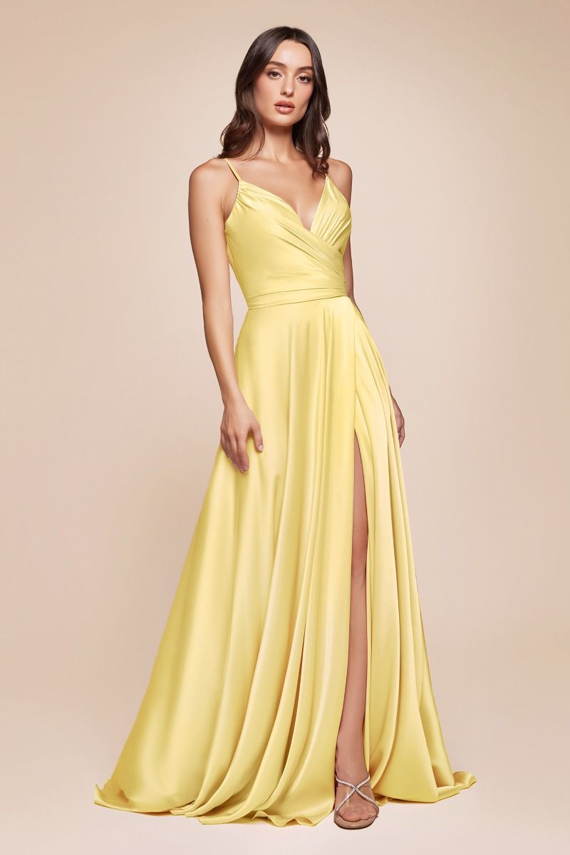 Soft Satin A-Line Bridesmaid Dress w/ Elegant Leg Slit & Spaghetti Straps CD7485-2