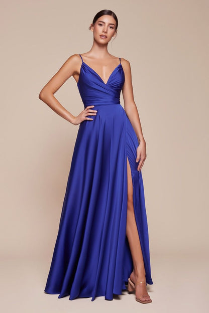 Soft Satin A-Line Bridesmaid Dress w/ Elegant Leg Slit & Spaghetti Straps CD7485-4