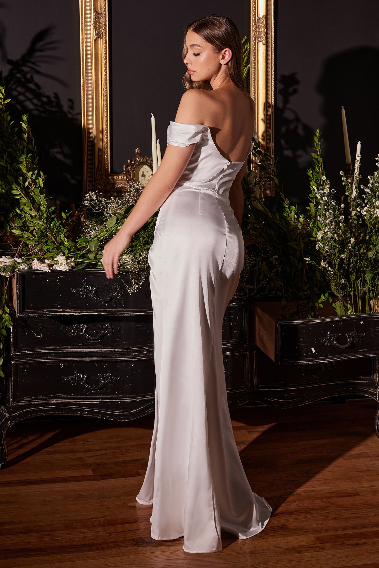 SATIN OFF THE SHOULDER CORSET OFF WHITE GOWN CD7492W-1
