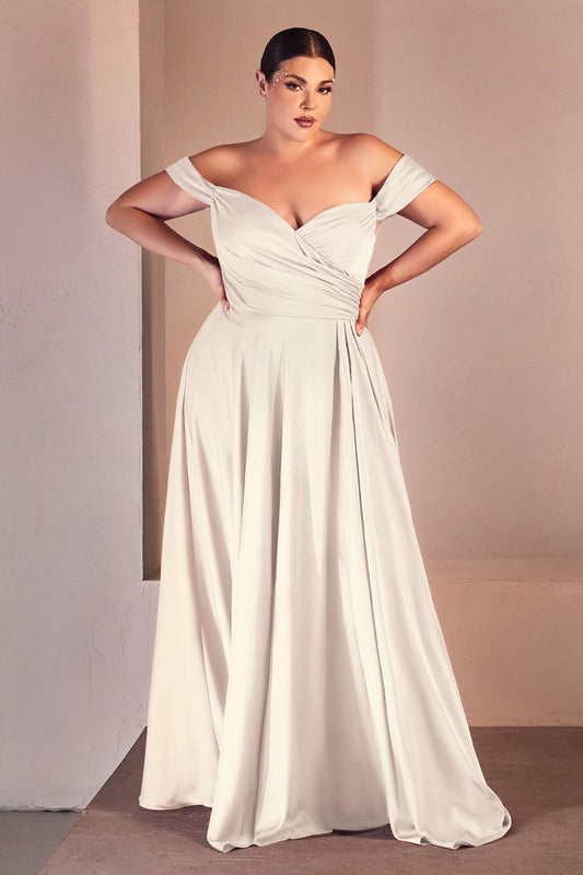 Plus Size White Off-Shoulder A-Line Gown – Sweetheart Ruched Formal Dress  CD7493WC-0