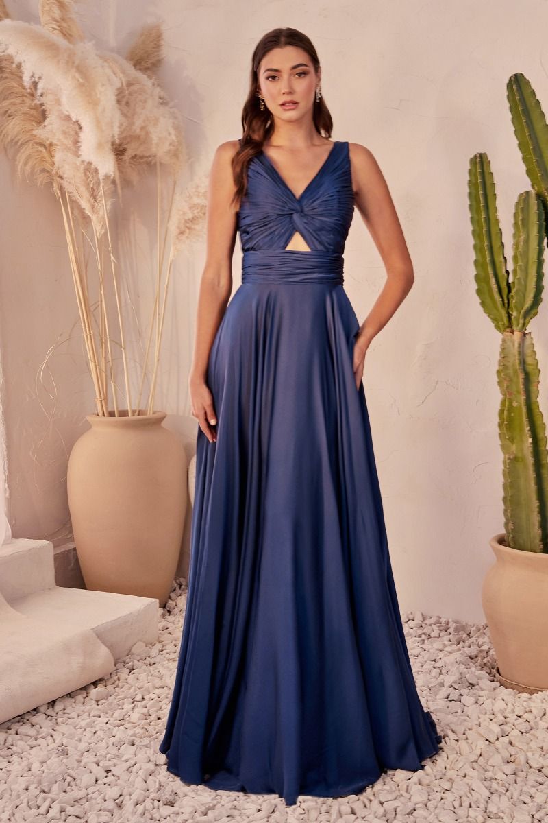 A-Line Satin Keyhole Open Back V-Neck Long Bridesmaid Dress CD7497-4