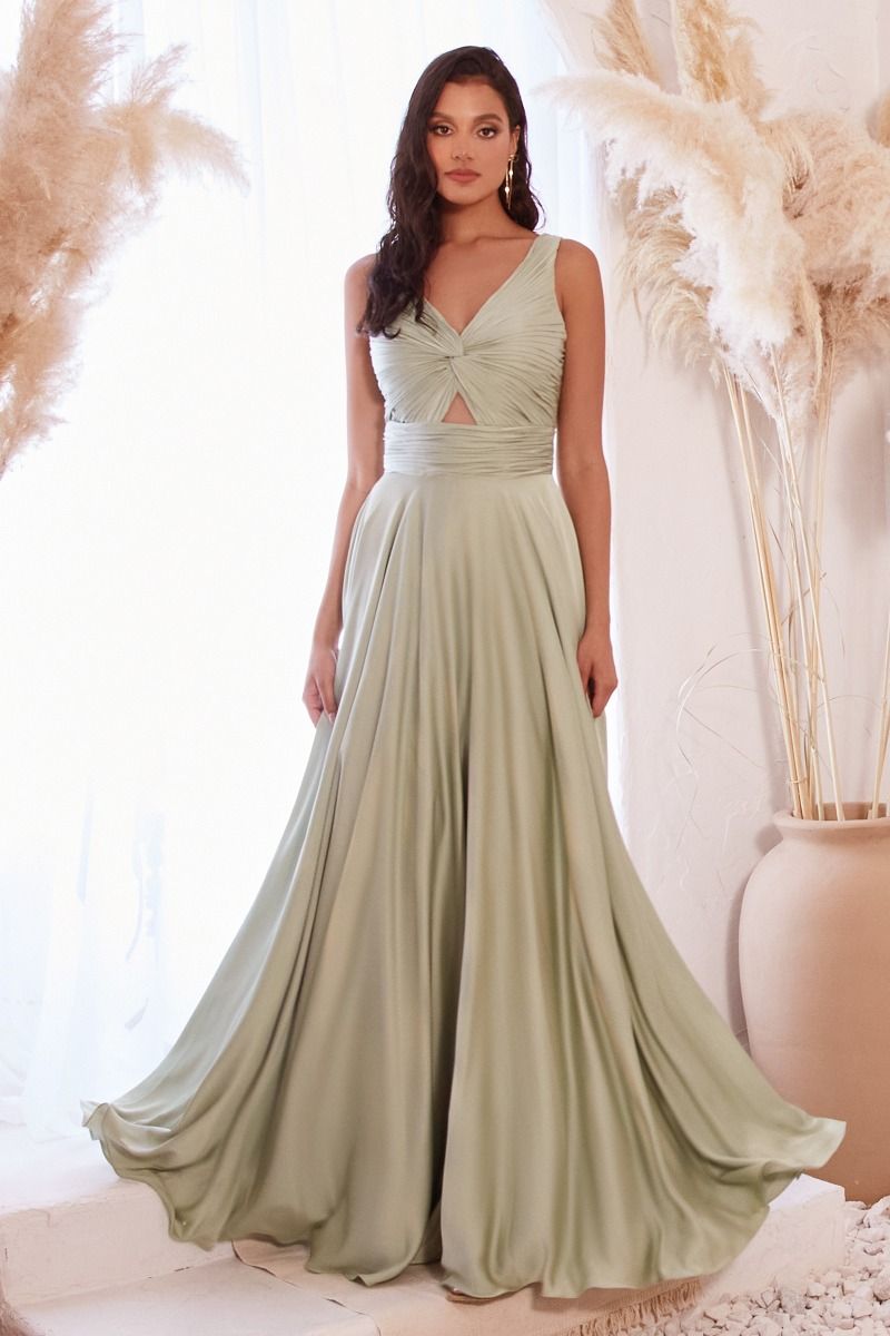 A-Line Satin Keyhole Open Back V-Neck Long Bridesmaid Dress CD7497-2