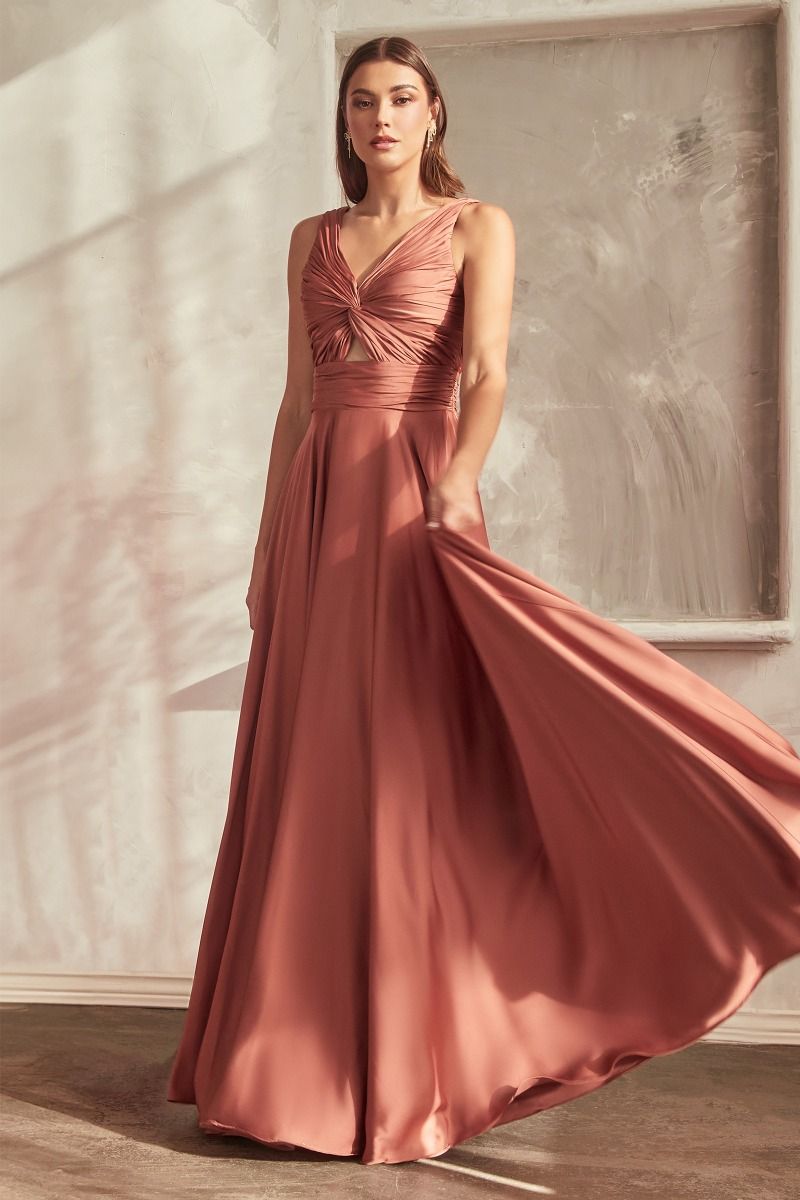 A-Line Satin Keyhole Open Back V-Neck Long Bridesmaid Dress CD7497-1