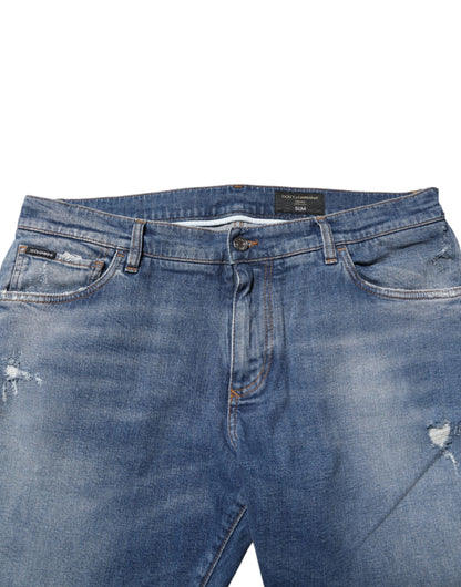 Dolce & Gabbana Blue Washed Cotton Logo Plaque Denim Jeans