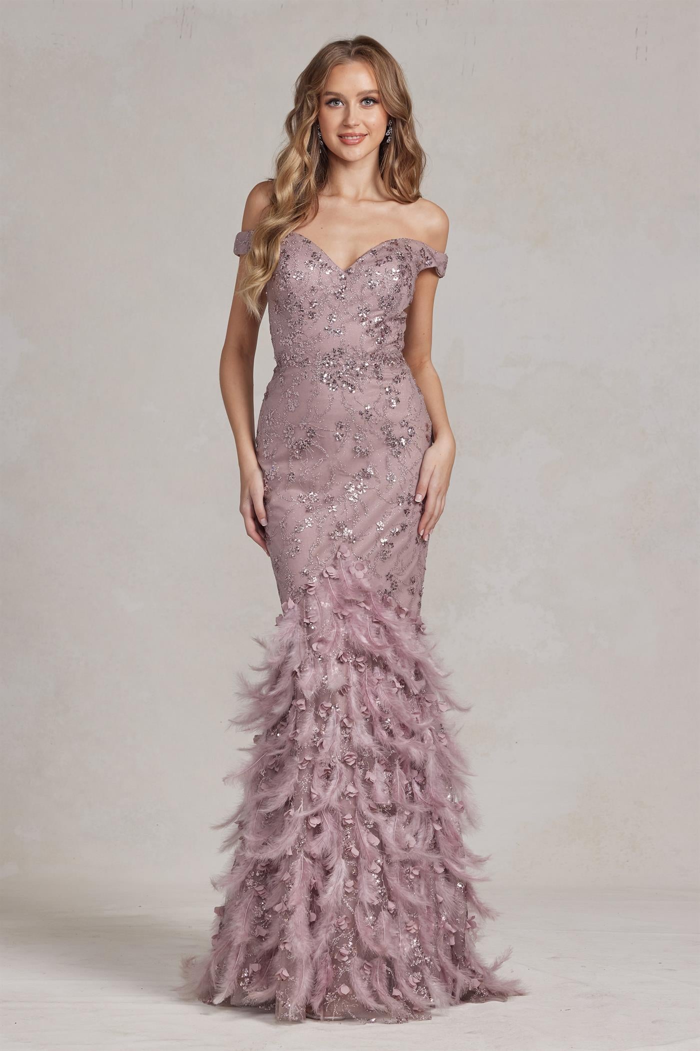 Off The Shoulder Feathers Embellished Long Red Carpet Gown w/ V-Back NXC1106-3