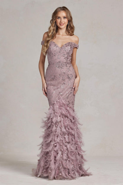 Off The Shoulder Feathers Embellished Long Red Carpet Gown w/ V-Back NXC1106-3
